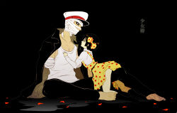  1boy 1girl amputee armless_amputee bandaged_arm bandaged_head bandages barefoot black_background black_hair black_jacket black_pants bow collarbone collared_jacket commentary_request covered_mouth double_amputee dress eye_contact hair_bow hat highres jacket long_sleeves looking_at_another midori_(shoujo_tsubaki) muu1519 pants peaked_cap polka_dot polka_dot_bow polka_dot_dress popped_collar shirt short_hair shoujo_tsubaki sitting tank_top tokkuriji_muchisute two-sided_fabric two-sided_jacket white_hat white_shirt 