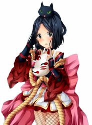  1girl animal animal_on_head back_bow black_cat black_choker black_eyes black_gloves black_hair blush bow cat cat_on_head choker commentary_request cowboy_shot fishnet_pantyhose fishnets fox_mask gloves highres holding holding_mask japanese_clothes kimono large_bow looking_at_viewer mask meiko_(nattu303) oboro_(ragnarok_online) on_head open_mouth pantyhose pink_bow ragnarok_online short_hair short_kimono simple_background solo vambraces white_background white_kimono 