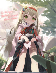  1girl animal_ear_fluff animal_ears apron arknights black_hakama blonde_hair blurry blurry_background blush bug butterfly censored cloneko_(zelmeledf2) clothes_lift commentary_request commission embarrassed flower fox_ears fox_girl fox_tail green_eyes hair_flower hair_ornament hairband hakama hakama_skirt highres insect japanese_clothes kimono kitsune kyuubi lifting_own_clothes loli long_hair long_sleeves multicolored_hair multiple_tails no_panties obi official_alternate_costume open_mouth outdoors pee peeing pink_kimono public_urination red_hairband sash skeb_commission skirt skirt_lift solo souzu suzuran_(arknights) suzuran_(yukibare)_(arknights) tail thank_you tree two-tone_hair white_apron white_hair wide_sleeves 