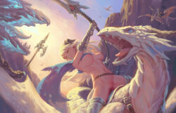  1girl belt bigrbear breasts censored cliff cuisses dragon fighting flying gauntlets green_eyes highres holding holding_polearm holding_weapon horns large_breasts leg_armor long_hair mosaic_censoring navel nipple_piercing nude original people piercing pointy_ears polearm pussy riding riding_animal riding_dragon saddle smile solo_focus sword variant_set weapon white_hair 