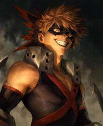 1boy bakugou_katsuki blonde_hair boku_no_hero_academia crazy_eyes crazy_grin crazy_smile dave_rapoza domino_mask grin highres male_focus mask red_eyes smile smoke solo spiked_hair upper_body veins rating:General score:5 user:danbooru
