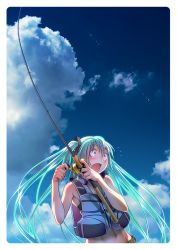  1girl aqua_eyes aqua_hair armpits cloud colored_eyelashes day female_focus fishing fishing_rod flying_sweatdrops hatsune_miku highres life_vest long_hair midriff nail_polish navel open_mouth sky solo surprised toned toned_female twintails upper_body very_long_hair vocaloid wide-eyed wokada  rating:Sensitive score:41 user:danbooru