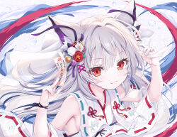  1girl animal_ears bare_shoulders blush breasts closed_mouth flower fox_ears hair_flower hair_ornament highres japanese_clothes kimono long_hair looking_at_viewer medium_breasts miko original paper purification red_eyes smile solo tenmu_shinryuusai upper_body white_hair 