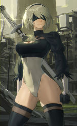  1girl black_blindfold black_gloves black_hairband black_thighhighs blindfold breasts cleavage cleavage_cutout clothing_cutout covered_eyes covered_navel feather-trimmed_sleeves gloves hairband highleg highleg_leotard highres hood_(james_x) juliet_sleeves katana large_breasts leotard long_hair long_sleeves narrow_waist nier:automata nier_(series) pod_(nier:automata) puffy_sleeves short_hair silver_hair solo sword thighhighs thighs weapon white_leotard 2b_(nier:automata)  rating:Sensitive score:81 user:danbooru