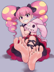  1girl absurdres aomoro armband bad_id bad_pixiv_id bakugan bakugan:_battle_planet barefoot blonde_hair blush bow child china_riot clenched_teeth crossed_legs doll dress evil_grin evil_smile eyebrows eyelashes feet foot_focus greek_toe grey_background grin highres holding hugging_doll hugging_object leg_wrap legs long_hair looking_at_viewer multicolored_dress multicolored_hair pink_hair pov purple_eyes sharp_teeth short_twintails simple_background sitting smile soles solo stuffed_animal stuffed_rabbit stuffed_toy teasing teeth toes toy twintails wristband  rating:Sensitive score:250 user:danbooru