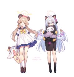  2girls ^_^ adelie_cat alternate_costume animal_ears artist_name azusa_(blue_archive) bag bear_ears black_shoes black_skirt black_socks blonde_hair blue_archive blue_sailor_collar cat_ears closed_eyes dated dress fake_animal_ears feathered_wings full_body grey_hair hair_between_eyes hair_ornament halo hifumi_(blue_archive) highres holding holding_bag hugging_doll hugging_object looking_at_viewer low_twintails low_wings multiple_girls open_mouth peroro_(blue_archive) purple_eyes sailor_collar sailor_dress shoes simple_background skirt skullman_(blue_archive) smile socks standing stuffed_animal stuffed_bird stuffed_toy twintails white_background white_dress white_socks white_wings wing_hair_ornament wing_ornament winged_halo wings yellow_halo 
