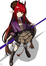  1girl alternate_costume arknights black_boots black_dress boots demon_girl demon_horns demon_tail dress hemorina highres horns jacket long_hair open_clothes open_jacket pointy_ears purple_jacket red_eyes red_hair red_horns simple_background solo tail vigna_(arknights) white_background 