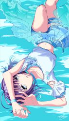  1girl asakura_toru blue_nails blue_shorts bracelet closed_mouth commentary_request crop_top highres idolmaster idolmaster_shiny_colors jewelry nail_polish navel open_mouth partially_submerged purple_hair shirt short_hair short_sleeves shorts signature sinsi_aaa solo thigh_strap white_shirt  rating:General score:0 user:danbooru