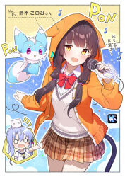  2girls absurdres animal animal_on_head asakura_karen_(heaven_burns_red) black_hair bow heaven_burns_red highres hood hood_up hooded_jacket inari_(summer_pockets) jacket long_hair long_sleeves multiple_girls on_head red_bow rinki_oohen sorakado_ao summer_pockets suzuki_konomi tail twintails voice_actor_connection yellow_eyes 