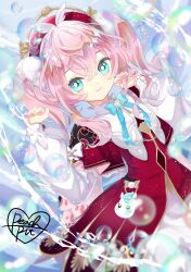  1girl absurdres aqua_bow aqua_bowtie aqua_eyes bow bowtie bubble charm_(object) commentary_request crossed_bangs dress guest_art hair_between_eyes hat highres honkai:_star_rail honkai_(series) hyacine_(honkai:_star_rail) long_sleeves looking_at_viewer peach-pit pink_hair red_hat sidelocks signature smile solo twintails 