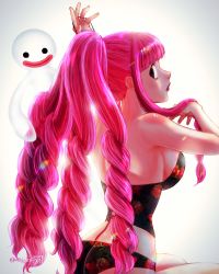 1girl back bare_arms bare_shoulders black_eyes blunt_bangs breasts drill_hair floral_print ghost hair_over_shoulder highres lips lipstick long_hair looking_back makeup nape one_piece oregano551 perona pink_hair profile red_lips simple_background solo swimsuit twitter_username tying_hair very_long_hair watermark rating:Sensitive score:25 user:danbooru