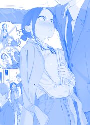  &gt;_&lt; 1girl 2boys ^^^ animal_ears blue_theme blush blush_stickers breasts commentary commentary_request dog elevator faceless faceless_male fake_animal_ears flying_sweatdrops formal_clothes full-face_blush getsuyoubi_no_tawawa height_difference highres himura_kiseki holding holding_leash large_breasts leash monochrome multiple_boys musical_note necktie office_lady pants pout rabbit_ears sidelocks suit tail tail_wagging whistling  rating:General score:19 user:danbooru