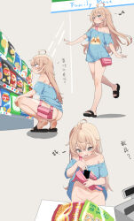  1girl absurdres ahoge ass bag black_sandals blonde_hair blue_shirt blush bottomless brown_hair commentary convenience_store convenient_censoring dongchuan english_commentary green_eyes highres loli long_hair looking_to_the_side multiple_views naked_shirt navel no_panties off_shoulder original oversized_clothes oversized_shirt pink_bag print_shirt public_indecency sandals shirt shop shoulder_bag simple_background smile squatting thighs toes  rating:Questionable score:151 user:danbooru