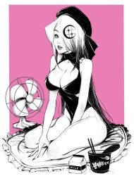  1girl absurdres between_legs breasts cleavage cleavage_cutout clothing_cutout crescent cup_ramen electric_fan fingernails greyscale_with_colored_background hair_over_one_eye hand_between_legs hand_fan hat highleg highres large_breasts leotard lips long_fingernails long_hair looking_at_viewer milk_carton monochrome one-piece_swimsuit one_eye_covered original parted_lips pink_background simple_background sitting solo sweat swimsuit very_long_hair zyllypepper 