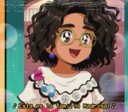  1990s_(style) 1girl animification brenni_murasaki brown_eyes brown_hair colombian_clothes curly_hair dark-skinned_female dark_skin earrings embroidery encanto glasses green-framed_eyewear jewelry mirabel_madrigal retro_artstyle round_eyewear shirt short_hair smile thick_eyebrows 