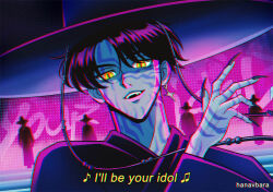  1990s_(style) 5boys abby_(kpop_demon_hunters) baby_(kpop_demon_hunters) black_hair earrings facial_mark fangs fingernails gat_(hat) hanavbara hat jewelry jinu_(kpop_demon_hunters) korean_clothes kpop_demon_hunters male_focus multiple_boys mystery_(kpop_demon_hunter) open_mouth retro_artstyle romance_(kpop_demon_hunters) sharp_fingernails short_hair single_earring slit_pupils smile subtitled upper_body yellow_eyes 