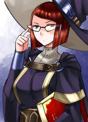  1girl adjusting_clothes black-framed_eyewear black_cape black_dress black_hat bo_(774berry) book breasts brown_eyes brown_hair cape closed_mouth commentary_request dress expressionless fire_emblem fire_emblem_awakening glasses hat highres holding holding_book large_breasts large_hat looking_at_viewer miriel_(fire_emblem) nintendo red_cape short_hair solo two-tone_cape witch_hat 