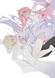 1boy 1girl alien_stage angry arm_cutout artist_name black_pants blonde_hair blood blood_on_clothes blood_on_hands blue_hair bruise bruise_on_face chinese_commentary clenched_hand clenched_teeth colored_eyelashes commentary_request dress forehead_jewel girl_on_top gradient_hair highres injury long_hair long_sleeves luka_(alien_stage) mizi_(alien_stage) multicolored_hair pants pink_hair punching sandsawako shirt straddling tears teeth thighhighs two-tone_hair very_long_hair watermark weibo_watermark white_background white_dress white_shirt white_thighhighs yellow_eyes
