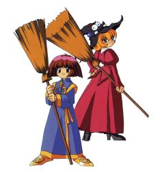  1990s_(style) 2girls black_footwear black_headwear blonde_hair broom cotton_(character) cotton_(game) dress gold_footwear hat high_heels highres holding holding_broom juliet_sleeves living_clothes long_dress long_sleeves multiple_girls needle_(cotton) official_art puffy_sleeves pumpkin_(cotton) red_dress red_eyes red_hair retro_artstyle robe scan short_hair simple_background smile standing white_background witch witch_hat yellow_eyes  rating:General score:9 user:danbooru