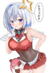  2girls absurdres alternate_breast_size alternate_costume amane_kanata angel angel_wings ascot belt black_choker blue_hair breasts brown_belt choker cleavage closed_mouth cosplay covered_navel cropped_jacket frilled_choker frills gloves grey_hair hair_ornament highres hololive houshou_kumarine houshou_marine houshou_marine_(1st_costume) houshou_marine_(cosplay) jacket large_breasts leotard leotard_under_clothes multiple_girls nironiro_(qlcfud) pink_hair red_ascot red_jacket red_skirt short_hair skirt sleeveless sleeveless_jacket solo star_(symbol) star_hair_ornament tongue tongue_out virtual_youtuber white_gloves wings yellow_eyes 