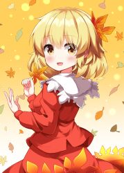  1girl :d aki_shizuha autumn_leaves blonde_hair blush collared_shirt commentary_request cowboy_shot eyes_visible_through_hair falling_leaves from_behind gradient_background hair_ornament hands_up highres holding holding_leaf leaf leaf_hair_ornament long_sleeves looking_at_viewer open_mouth red_shirt red_skirt ruu_(tksymkw) shirt short_hair skirt skirt_set smile solo standing touhou yellow_background yellow_eyes 
