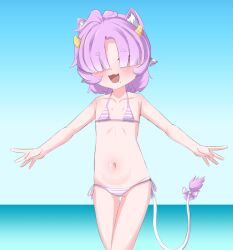 1girl animal_ears beach bikini blush collarbone cow_ears cow_tail equus_ignis fang flat_chest hair_over_eyes highres horns loli mole muu_muyu navel open_mouth outdoors phase_connect pink_eyes purple_hair short_hair skin_fang solo swimsuit tail virtual_youtuber wolf_ears