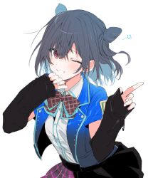  1girl blue_hair blue_jacket blush bow bowtie brown_bow brown_bowtie cone_hair_bun detached_sleeves hair_bun hands_up idolmaster idolmaster_shiny_colors jacket letterman_jacket looking_at_viewer morino_rinze one_eye_closed open_clothes open_jacket plaid_clothes plaid_skirt purple_skirt red_eyes shirt short_hair short_sleeves shotan simple_background skirt sleeves_past_wrists smile solo teeth white_shirt 