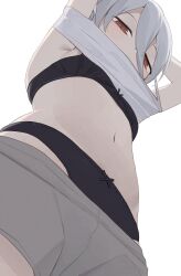  1girl black_bra black_panties bra brown_eyes clothes_pull from_below grey_hair grey_shorts hair_between_eyes highres hiroki_(yyqw7151) navel original panties shorts shorts_pull simple_background solo stomach underwear white_background 