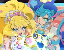  2girls absurdres aqua_eyes aqua_hair big_hair blonde_hair blue_bow blue_bowtie blue_brooch blue_choker blue_corset blue_eyes blue_skirt blunt_bangs bow bowtie brooch choker clenched_hand closed_mouth clothing_cutout collared_dress corset cowboy_shot cure_finale cure_spicy delicious_party_precure determined dress earrings eyelashes floating_hair frilled_choker frills frown fuwa_kokone gloves hair_bow hair_ornament hat_ornament heart heart_brooch heart_hat_ornament high_side_ponytail highres holding holding_weapon incoming_attack jewelry kasai_amane looking_ahead looking_at_another lower_teeth_only magical_girl multicolored_hair multiple_girls open_mouth pink_hair pink_sleeves precure puffy_short_sleeves puffy_sleeves shipu_(gassyumaron) shirt short_sleeves shoulder_cutout signature skirt sparkle sphere_earrings streaked_hair teeth tiara tsurime two-tone_hair upper_body watch weapon white_dress white_gloves white_shirt wristwatch 