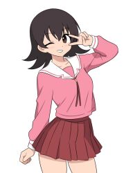  1girl azumanga_daiou black_hair blush brown_eyes female_focus highres one_eye_closed school_uniform short_hair simple_background skirt smile tagme takino_tomo thighs v v_over_eye white_background wink  rating:General score:19 user:OppaiSugoi