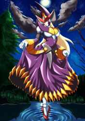  1girl absurdres android arm_guards armor berkana_(mega_man) blonde_hair blue_eyes branch breastplate breasts capcom chest_jewel clothes_lift cloud dress forest gauntlets gloves hat headphones high_heels highres holding holding_staff holding_unworn_clothes holding_unworn_dress jeweled_hat joints kotatuman_dash lake large_breasts light_smile long_dress long_hair looking_at_viewer looking_down mega_man_(series) mega_man_x_(series) mega_man_xtreme_2 moon moon_reflection nature night night_sky pine_tree plate_armor purple_dress red_shoes reflection river robot robot_girl robot_joints shoes shoulder_armor shoulder_spikes skirt_hold sky smile spikes staff star_(sky) starry_sky tree unworn_dress vambraces walking walking_on_liquid white_gloves witch witch_hat 