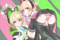 2girls absurdres all_fours animal_ear_headphones animal_ears aqua_necktie arm_up ass black_shorts black_skirt black_thighhighs blonde_hair blue_archive bow cat_ear_headphones cat_ears chestnut_mouth collared_shirt commentary fake_animal_ears frilled_skirt frills green_background green_bow green_eyes green_halo green_jacket green_panties hair_bow halo handheld_game_console headphones highres holding holding_handheld_game_console hood hood_down hooded_jacket jacket knees_up light_blush long_sleeves looking_at_viewer looking_back low-tied_sidelocks lying midori_(blue_archive) miniskirt momoi_(blue_archive) multicolored_jacket multiple_girls necktie nintendo_switch no_shoes off_shoulder on_back open_clothes open_jacket open_mouth panties panties_under_shorts panty_peek pantyshot parted_bangs parted_lips pink_background pink_bow pink_eyes pink_halo pink_jacket pink_panties pleated_skirt school_uniform shirt short_hair short_shorts shorts siblings sidelocks simple_background sisters skirt sleeves_past_wrists striped_clothes striped_panties thighhighs thighs tkdwls0278 toes twins two-sided_fabric two-sided_jacket underwear white_jacket white_shirt wide_sleeves 
