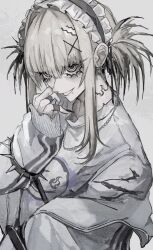  1girl :d bags_under_eyes hair_ornament hairband hairpin highres jacket jagged_sclera jewelry lip_piercing nail_polish open_mouth original piercing print_shirt ring ringed_eyes satoinu111 shirt simple_background smile white_hair white_jacket 