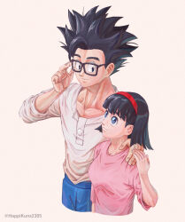  1boy 1girl black_eyes black_hair blue_eyes couple dragon_ball dragon_ball_super dragon_ball_super_super_hero glasses happy hug husband_and_wife smile son_gohan videl 