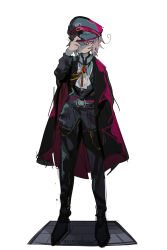  1boy absurdres adjusting_clothes adjusting_hat ascot belt black_hat black_pants black_vest boots brooch buckle coat coat_on_shoulders commentary_request dictator facing_viewer full_body glaring half-closed_eyes hat hat_over_one_eye high_collar highres jewelry jitome long_sleeves looking_at_viewer military military_hat military_uniform multicolored_hat on_shoulder original pants pavement peaked_cap pink_eyes pink_hair ponytail raito-kun_(uenomigi) red_brooch red_coat red_hat shirt short_hair short_ponytail sidelocks simple_background solo standing tagme uenomigi vest white_ascot white_background white_shirt 