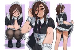  1girl adjusting_hair alternate_costume apron aria_(roresu) ass aurahack black_dress black_shoes blush borrowed_character breasts brown_eyes brown_hair closed_mouth clothes_lift commentary cowboy_shot dress dress_lift earrings english_commentary enmaided feet_out_of_frame frills from_behind from_below full_body hand_on_own_chin highres id_card jewelry lanyard large_breasts lifting_own_clothes looking_at_viewer looking_back looking_up maid maid_apron maid_headdress medium_hair mole mole_under_eye multiple_views original panties pantyhose parted_lips pov purple_background shoes smile squatting standing transgender_flag underwear upskirt wrist_cuffs 