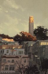  bare_tree blue_sky clothesline door fruiitlins highres house lamppost no_humans original painterly road san_francisco scenery sky slice_of_life stairs street sunrise tower town tree window 