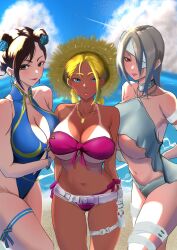  1boy 3girls :o a.k.i._(street_fighter) alternate_costume arm_strap arms_behind_back bandage_over_one_eye bandages bandeau beach belt bikini bikini_tan blonde_hair blue_eyes blue_one-piece_swimsuit blue_sky blush braid breasts brown_eyes brown_hair cammy_white capcom chun-li cleavage closed_mouth cloud cloudy_sky collarbone contrail curvy dog_tags double_bun e._honda earrings eyelashes flower grey_bikini grey_hair hair_bun hair_flower hair_ornament hat highleg highleg_one-piece_swimsuit highres jewelry large_breasts lipstick low_twin_braids makeup mole mole_under_mouth multiple_girls navel neck_ring necklace ocean official_alternate_costume one-piece_swimsuit one_eye_covered parted_lips purple_bandeau purple_bikini red_eyes red_lips satopuu shiny_skin side-tie_bikini_bottom side_ponytail sky smile stomach strapless strapless_bikini straw_hat street_fighter street_fighter_6 swimsuit tan tanline thigh_belt thigh_strap thong_one-piece_swimsuit twin_braids twitter_username underboob watermark white_belt wide_hips 