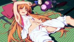  1girl arm_up armpits bloomers blue_ribbon blush bottle breasts crotchless crotchless_bloomers drunk empty_bottle eyebrows female_focus glass_bottle gourd groin half-closed_eyes hand_on_own_stomach highres horn_ornament horn_ribbon horns hot ibuki_suika kachiwarigoori long_hair looking_at_viewer lying navel ofuda on_back on_floor open_clothes open_mouth orange_hair partially_visible_vulva pillow ribbon see-through_clothes shirt small_breasts solo spread_legs stomach sweat sweatdrop touhou underboob underwear very_long_hair wet wet_clothes wet_shirt white_bloomers white_shirt  rating:Questionable score:65 user:danbooru