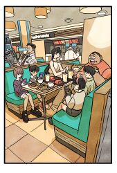  3girls 5boys agasa_hiroshi black_hair brown_hair buzz_cut child drinking_straw eating edogawa_conan facial_hair father_and_daughter full_body glasses grey_hair gun haibara_ai hairband head_rest highres holding holding_gun holding_newspaper holding_weapon indoors kojima_genta long_hair meitantei_conan mouri_kogoro mouri_ran multiple_boys multiple_girls mustache newspaper old old_man pink_hairband short_hair sitting smile soda takeuchi_ryousuke tsuburaya_mitsuhiko very_short_hair weapon yoshida_ayumi 