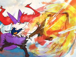 1girl :&lt; alternate_color animal_ear_fluff animal_ears animal_feet animal_nose artist_name badge bandana bandana_around_neck black_fur blue_bandana body_fur braixen closed_mouth dated female_focus fire fox_ears fox_girl fox_tail full_body furry furry_female gen_6_pokemon half-closed_eyes holding holding_stick legs_apart multicolored_fur nintendo outstretched_arms pokemon pokemon_(creature) purple_fur pyrokinesis shiny_pokemon signature snout solo standing stick tail thwillartz twitter_username white_fur