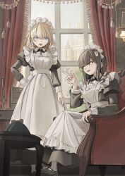  2girls apron black_dress black_shoes blonde_hair blue_eyes blue_gemstone brown_eyes brown_hair building chair commentary crossed_legs curtains day dress earrings european_architecture frilled_apron frills gem glint hair_ornament hand_on_own_hip highres index_finger_raised indoors jewelry juliet_sleeves long_hair long_sleeves looking_at_another maid maid_apron maid_headdress mary_janes multiple_girls open_mouth original puffy_sleeves rabbit_hair_ornament shii_(kairi-t-k0317) shoes single_earring sitting standing symbol-only_commentary white_apron window 