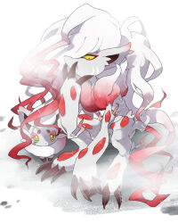  1other body_fur claws colored_sclera commentary evolutionary_line furry hatenakayubi hisuian_zoroark hisuian_zorua long_hair multicolored_hair nintendo outdoors pink_eyes pink_fur pink_hair pokemon pokemon_(creature) sitting snow two-tone_fur two-tone_hair white_fur white_hair yellow_eyes yellow_sclera 