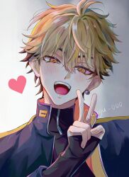  1boy :d absurdres black_shirt blonde_hair blue_jacket blush brown_hair ear_piercing earrings eyelashes hair_between_eyes hand_up heart highres jacket jewelry long_sleeves looking_at_viewer male_focus multicolored_hair open_mouth orange_eyes piercing shade shiguang_dailiren shirt short_hair sleeves_past_wrists smile solo teeth turtleneck twitter_username uin9_0 upper_body v xia_fei zipper zipper_pull_tab 