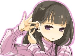  1girl black_hair blunt_bangs ear_focus ear_insertion earbuds earphones female_focus holding long_hair mota original portrait purple_eyes shirt simple_background sketch solo upper_body  rating:Sensitive score:26 user:danbooru