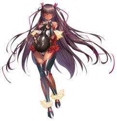  1girl absurdly_long_hair aoi_nagisa_(metalder) bare_shoulders black_leotard blush boots breasts breasts_out brown_hair covered_navel dark-skinned_female dark_skin elbow_gloves fingerless_gloves fishnets frilled_leotard frills full_body gloves hair_ribbon highres impossible_clothes impossible_leotard lactation leotard long_hair long_twintails looking_at_viewer mizuki_yukikaze official_art one-piece_tan one_eye_closed pink_eyes pregnant pussy_juice revealing_clothes ribbon shiny_clothes shiny_skin simple_background skin_tight small_breasts smile solo standing taimanin_(series) taimanin_rpgx taimanin_suit taimanin_yukikaze tan tanline thigh_boots thighhighs thong_leotard twintails very_long_hair white_background 