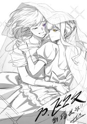  2girls absurdres bang_dream! bang_dream!_it&#039;s_mygo!!!!! blush bridal_veil chinese_commentary commentary_request dress earrings elbow_gloves gloves greyscale hand_on_another&#039;s_waist hero45439083942 highres hug jewelry misumi_uika monochrome multiple_girls necklace one_eye_closed parted_lips purple_eyes short_sleeves smile sparkle tears togawa_sakiko veil wedding_dress wife_and_wife yellow_eyes yuri 