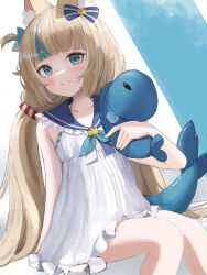  1girl absurdres animal animal_ear_fluff animal_ears blonde_hair blue_bow blue_eyes blue_streaks bow cat_ears closed_mouth dress fins fish fish_tail hair_bow highres holding holding_animal holding_fish indie_virtual_youtuber lifebuoy_hair_ornament low_twintails moji_(m_0j_4) one_side_up sailor_dress sameko_saba sitting solo tail twintails virtual_youtuber white_dress 