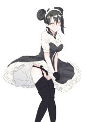  1girl agent_(girls&#039;_frontline) black_dress black_gloves black_hair black_panties black_thighhighs blush boots cable clenched_teeth clothes_pull collar commentary_request cowboy_shot double_bun dress dress_flip dress_pull dress_tug frilled_dress frills garter_belt garter_straps girls&#039;_frontline glaring gloves hair_between_eyes hair_bun highres looking_at_viewer maid maid_headdress panties pantyshot sangvis_ferri sidelocks simple_background single_sidelock solo teeth thigh_boots thighhighs thighs underwear watto_(user_hjyu3787) white_background yellow_eyes 
