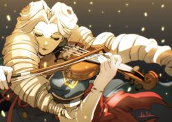  1girl blue_dress burning_isaka commentary_request dress drill_hair elbow_gloves gloves green_eyes highres holding_instrument holding_violin instrument justice_gakuen kirishima_yurika moero!_justice_gakuen music playing_instrument red_ribbon ribbon signature solo twin_drills violin white_gloves white_hair 